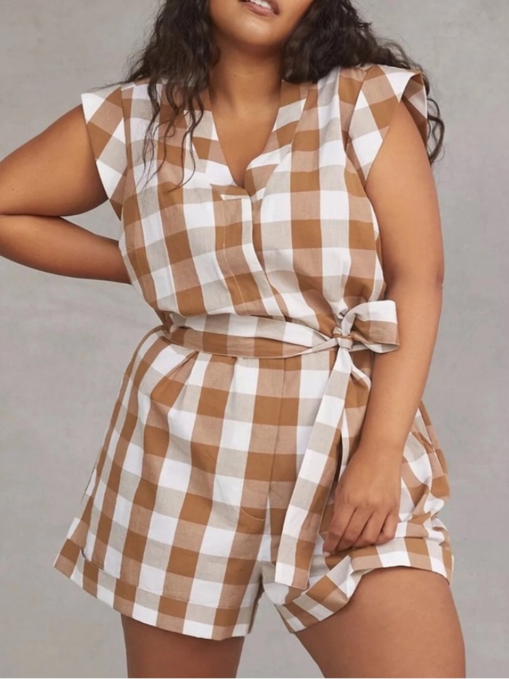 Anthropologie Whit Two Brown and White Plaid Romper Sz Lg